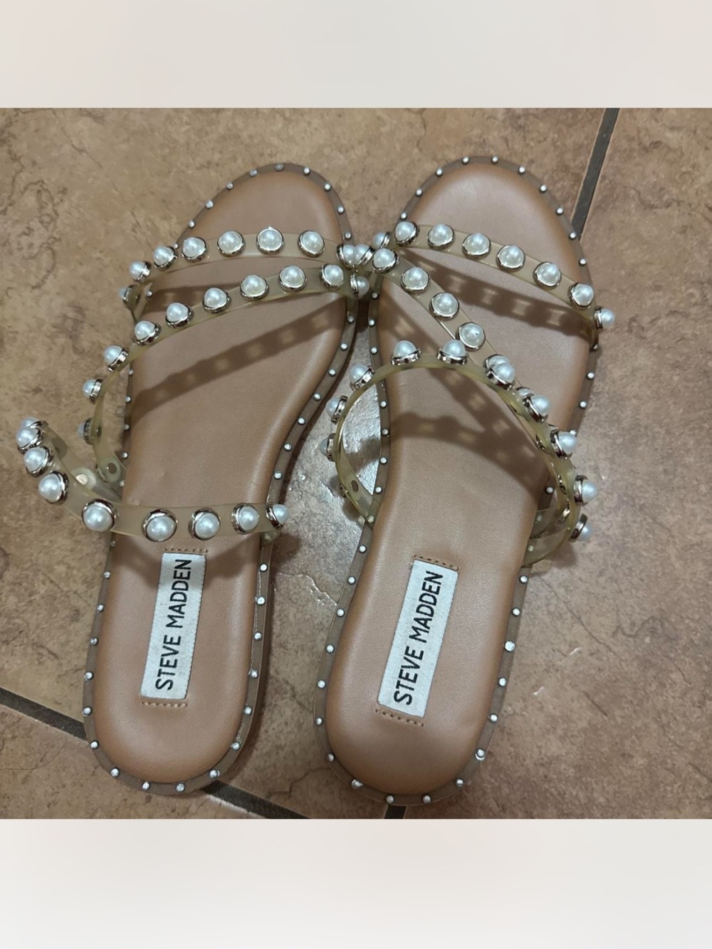 Steve Madden Tan Slide Sandals with Pearl Studs